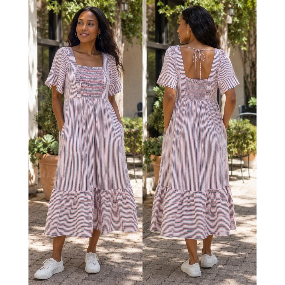Old Navy Midi Dress Medium Smocked Striped Milk Maid Pockets Cottagecore Lined